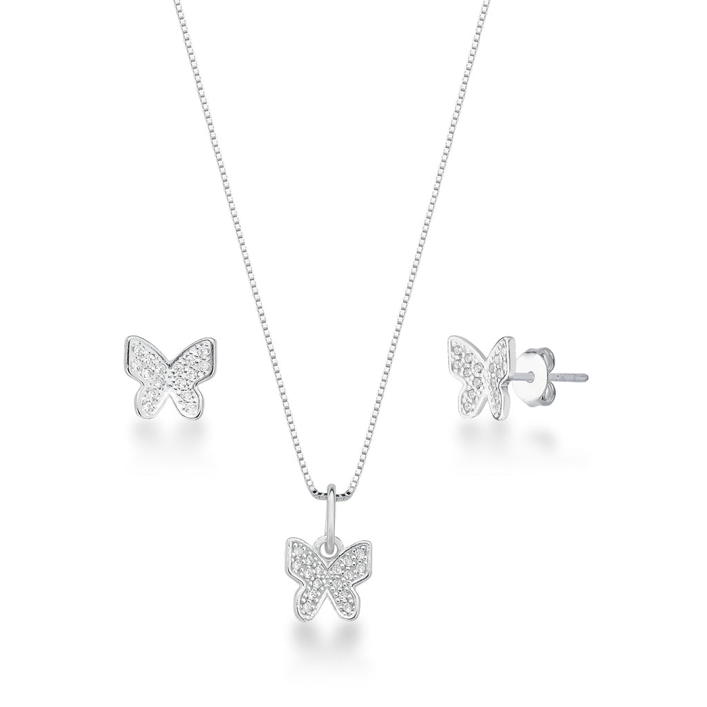 Conjunto Borboleta Cravejada de Prata